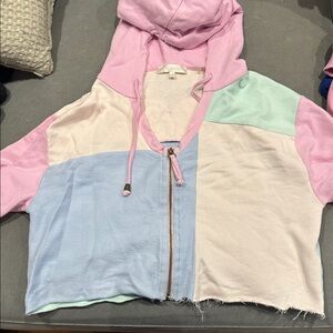 Love Shack Fancy Cropped Color Block Zip-Up Hoodie